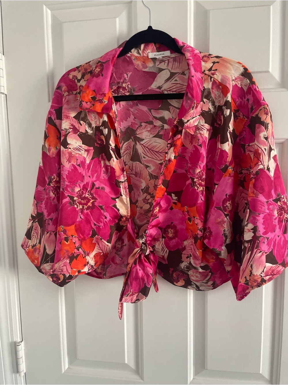 Pleione Hot Pink Floral Tie-Front Blouse
